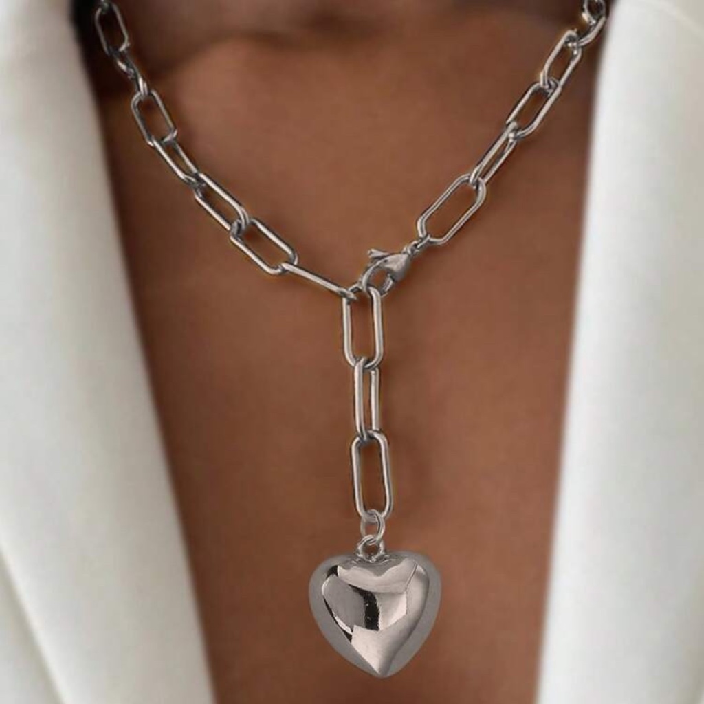 Silver Heart Pendant Paperclip Chain Necklace Statement Heart Necklace